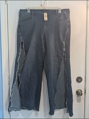 Ashley Stewart New Dark Denim Jeans Hi-Slit Raw Hem Distressed Wide Leg Size 20